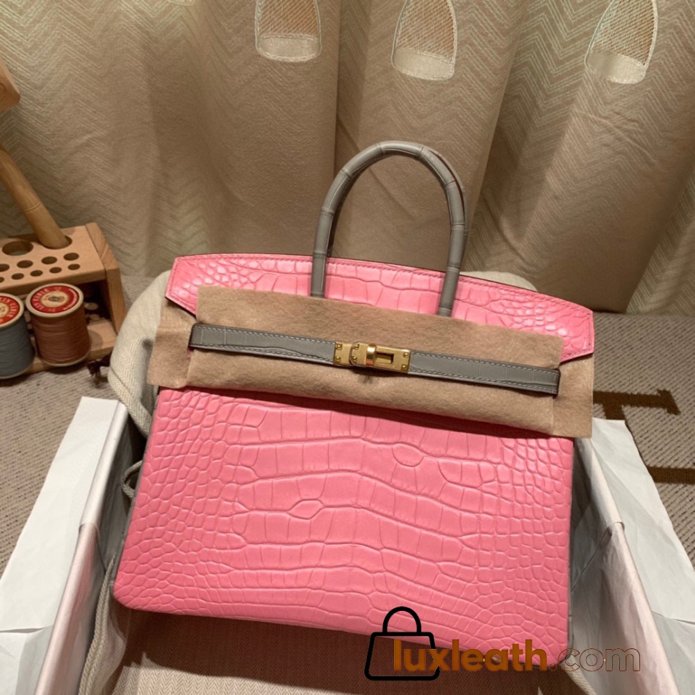 Birkin25 Alligator Crocodile 5P/Pink & 80/Pearl Grey Gold Hardware Full Handmade 014
