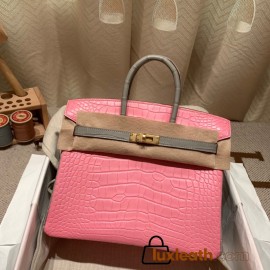 Birkin25 Alligator Crocodile 5P/Pink & 80/Pearl Grey Gold Hardware Full Handmade 014