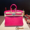 Birkin25 Ostrich& Crocodile 8T Rose Candy& 5J Fuschia Silver Hardware Full Handmade 018