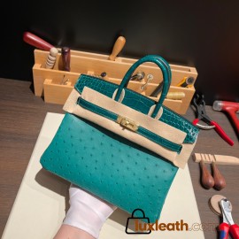 Birkin25 Ostrich Z6/Malachite& 6Q Vert Emeraude Gold Hardware Full Handmade 019