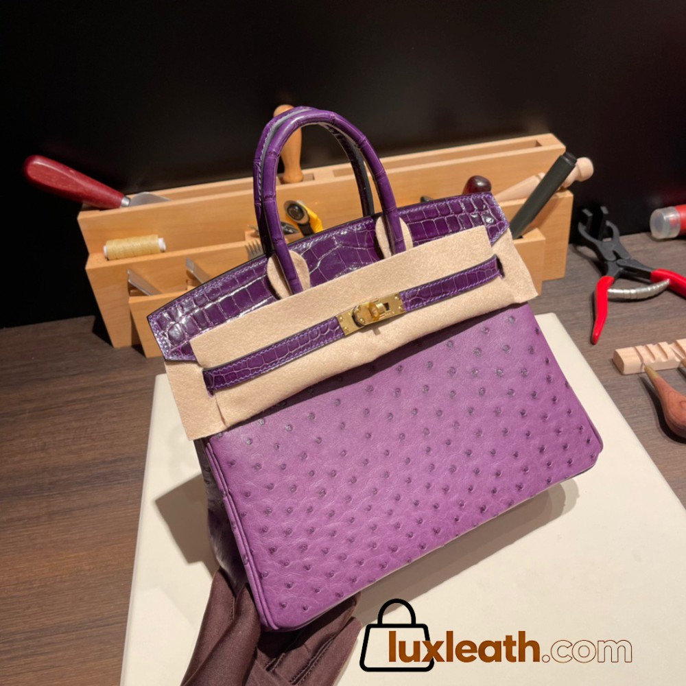 Birkin25 Ostrich &Crocodile P9/ Anemone& N5/CASSIS Gold Hardware Full Handmade 020