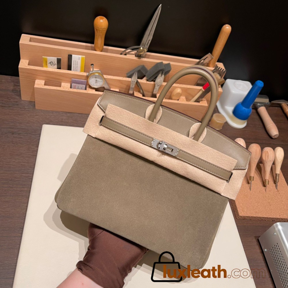 25cm birkin Chamois 18/Étoupe Grey Silver Hardware Full Handmade 024