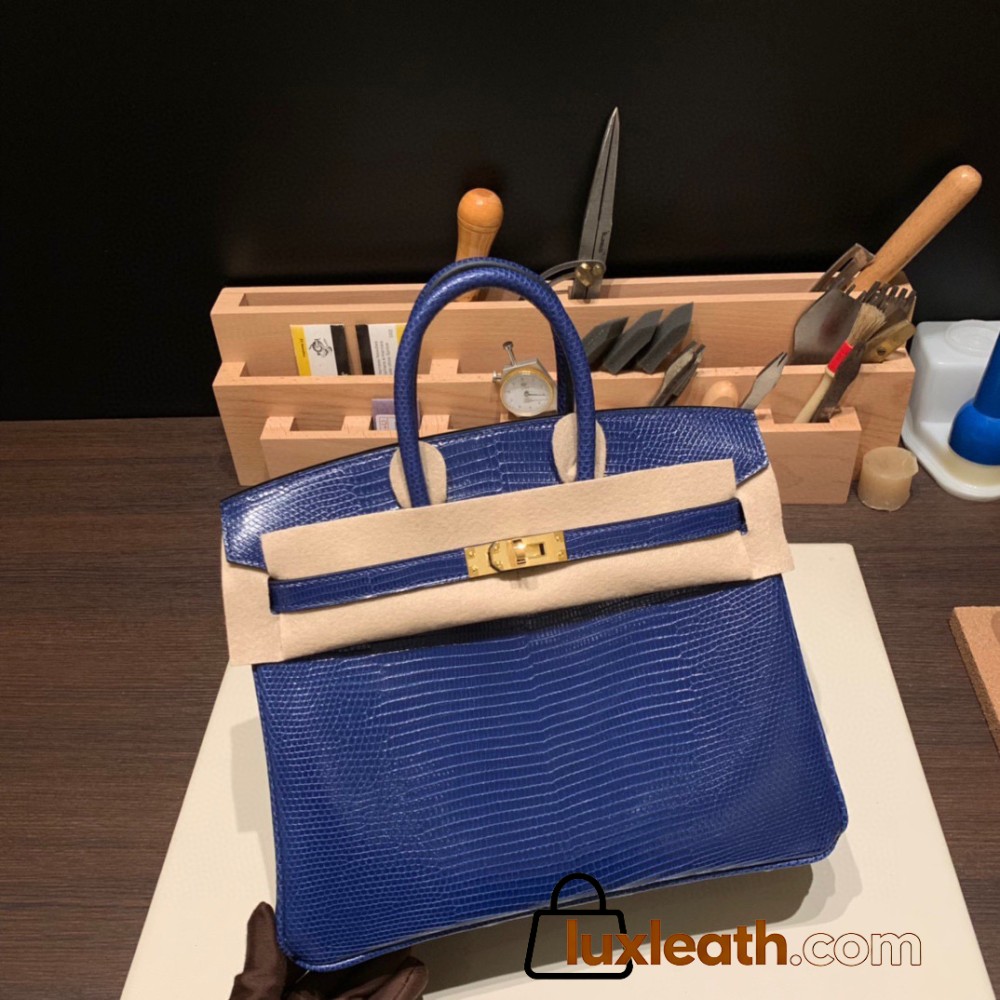 Hermes Birkin 25cm Lizard 73 /Blue Saphir Gold Hardware Full Handmade 030
