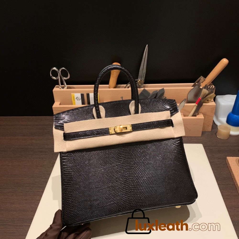 Hermes Birkin 25cm Lizard 89 /Black Gold Hardware Full Handmade 032