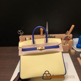 Hermes Birkin 25cm Epsom 1Z/ Jaune Poussin & 7T /Blue Electric Gold Hardware Full Handmade 053