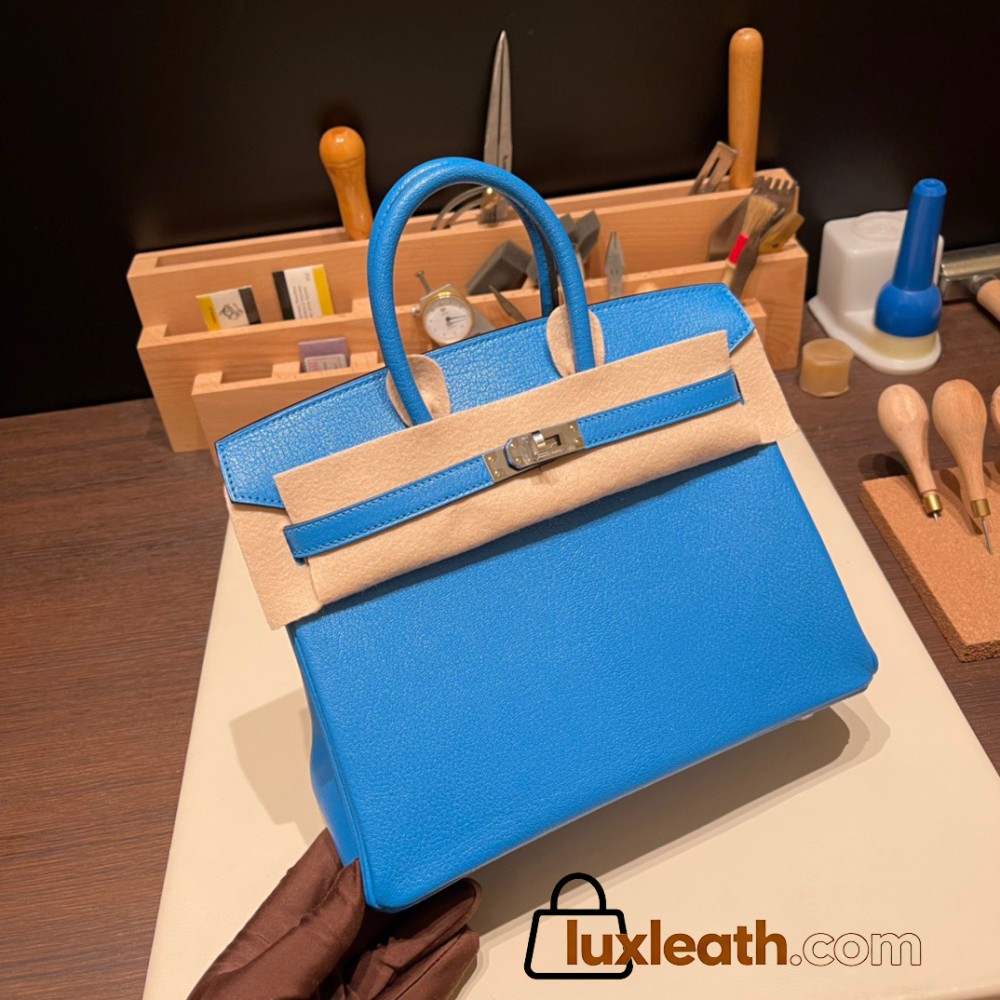 Hermes Birkin 25cm Chevre 0F /Blue Frida Silver Hardware Full Handmade 168