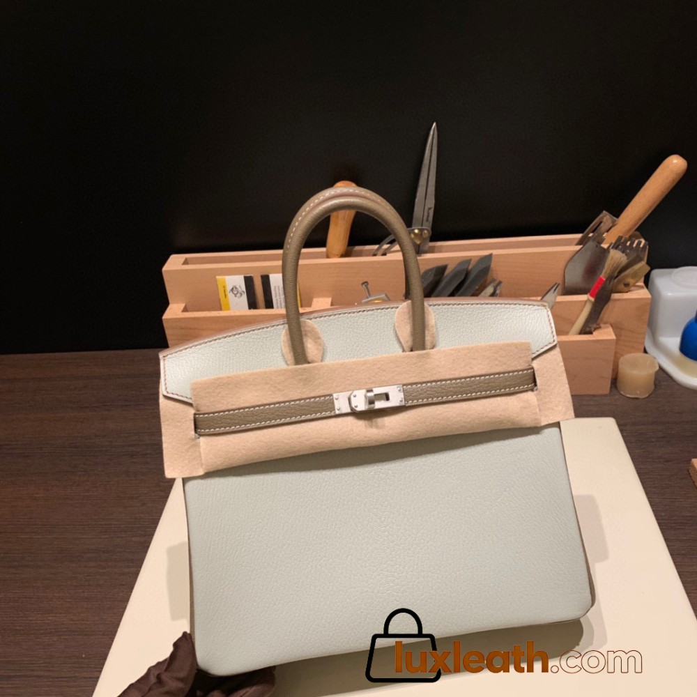 Hermes Birkin 25cm Chevre 80 /Pearl Grey& 18/Étoupe Grey Silver Hardware Full Handmade 170
