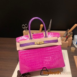 Hermes Birkin 30cm porosus Crocodile 8T/Rose Candy Gold Hardware  Full Handmade birkin30-001