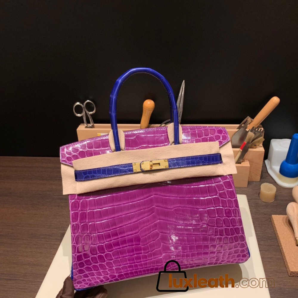 Hermes Birkin 30cm porosus Crocodile P9 /Anemone& 7T /Blue Electric Gold Hardware  Full Handmade birkin30-002