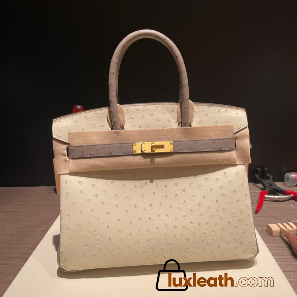 Hermes Birkin 30cm Ostrich M8/Gris Asphalt & 3C /Parchemin Gold Hardware  Full Handmade birkin30-015