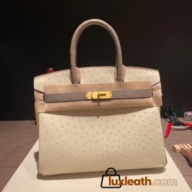 Hermes Birkin 30cm Ostrich M8/Gris Asphalt & 3C /Parchemin Gold Hardware  Full Handmade birkin30-015
