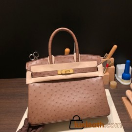 Hermes Birkin 30cm Ostrich 18 /Étoupe Grey Gold Hardware  Full Handmade birkin30-016