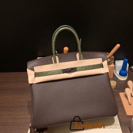 Hermes Birkin 35cm togo & Ostrich 46/ Ebene& V6/ Canope Silver Hardware Full Handmade 004