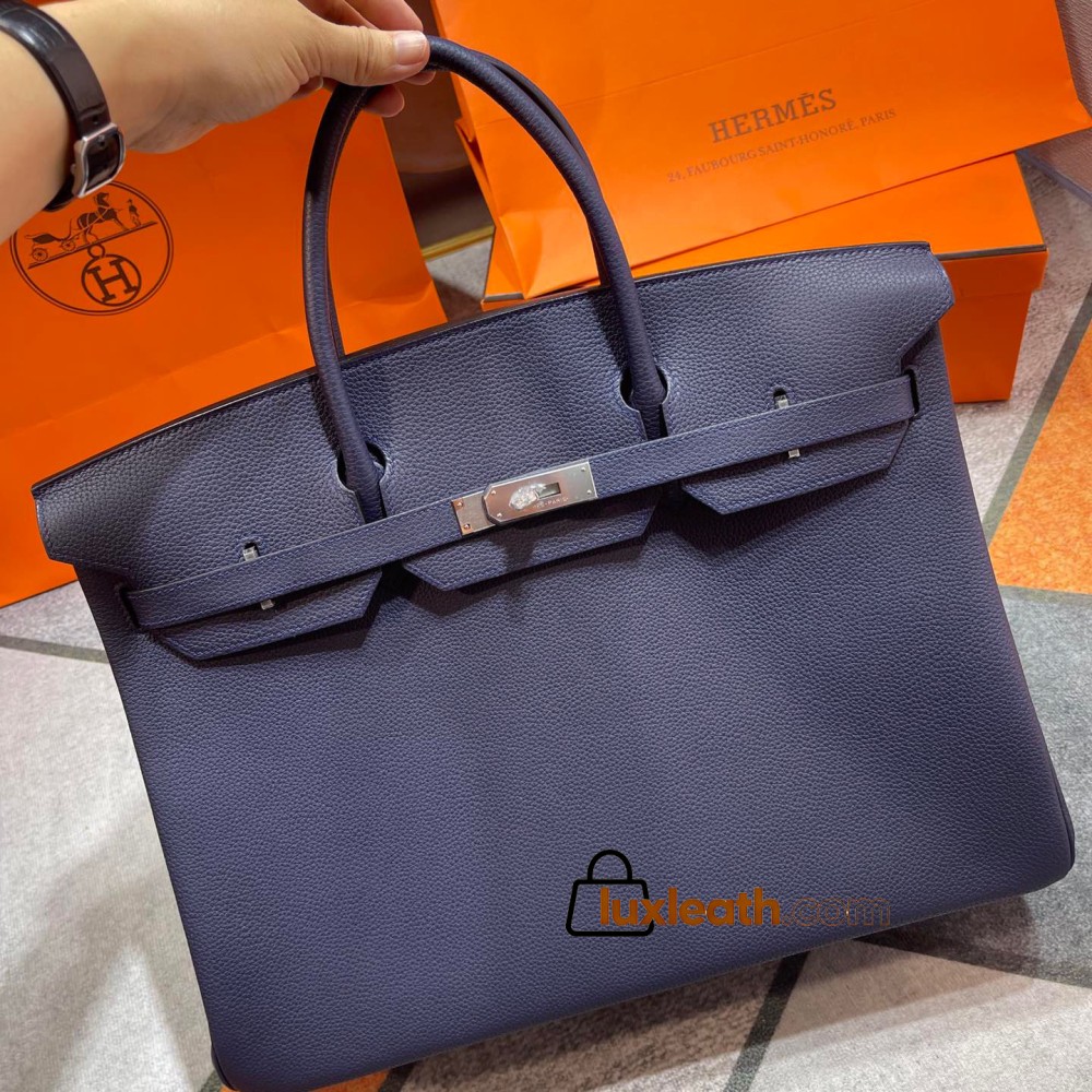 Birkin 40cm Togo Leather 2Z/Blue Nuit & 8V/Orange Poppy with Silver Hardware | Fully Handcrafted