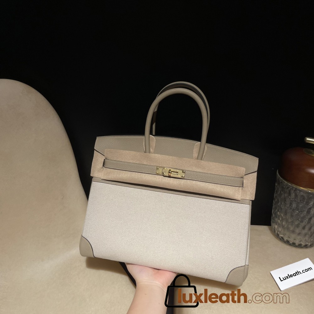 Hermès Birkin 35 (Togo Leather & Canvas) – Color: Tortue Gray with Gold Hardware