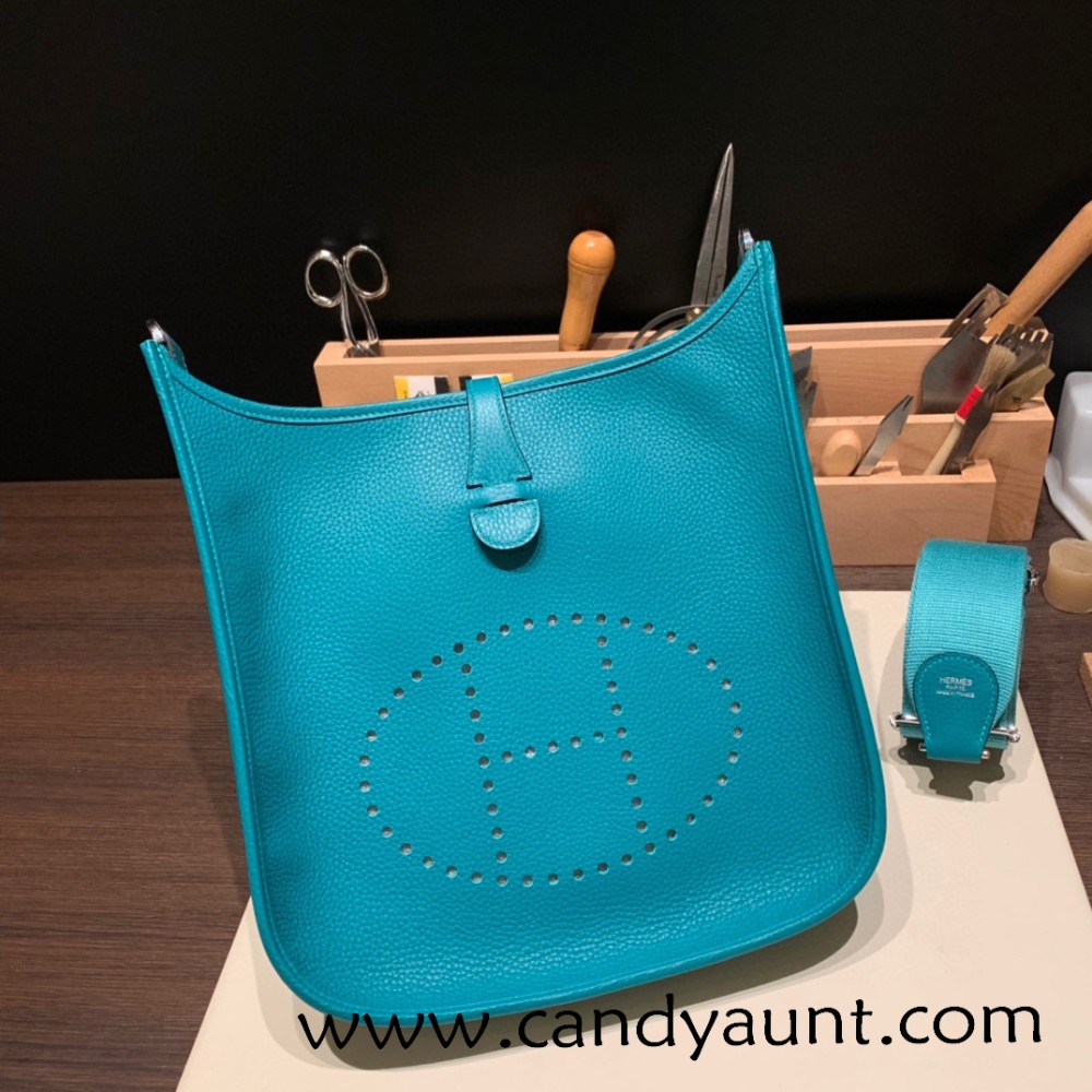  Hermes Evelyn 29cm Clemence 18 7F /Blue Paon Silver Hardware