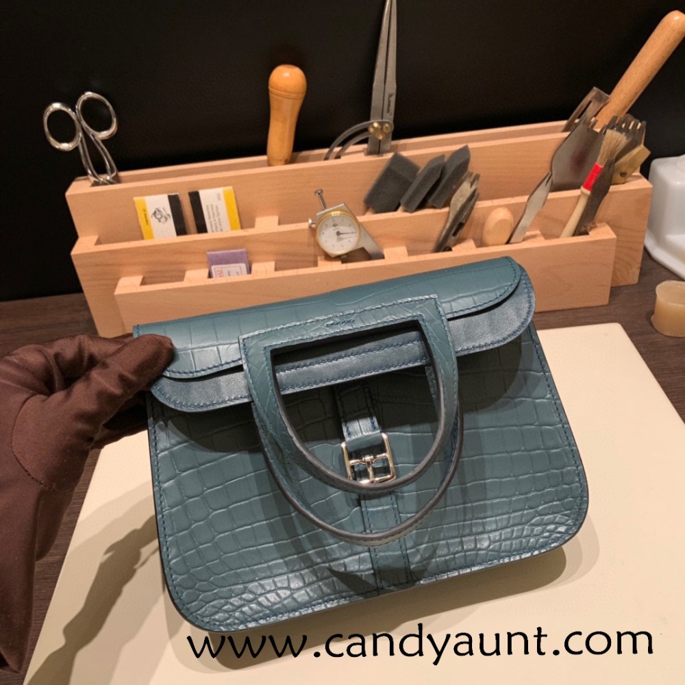 22cm Halzan mini  nilo crocodile  7C Cobalt   Silver Hardware  Full Handmade