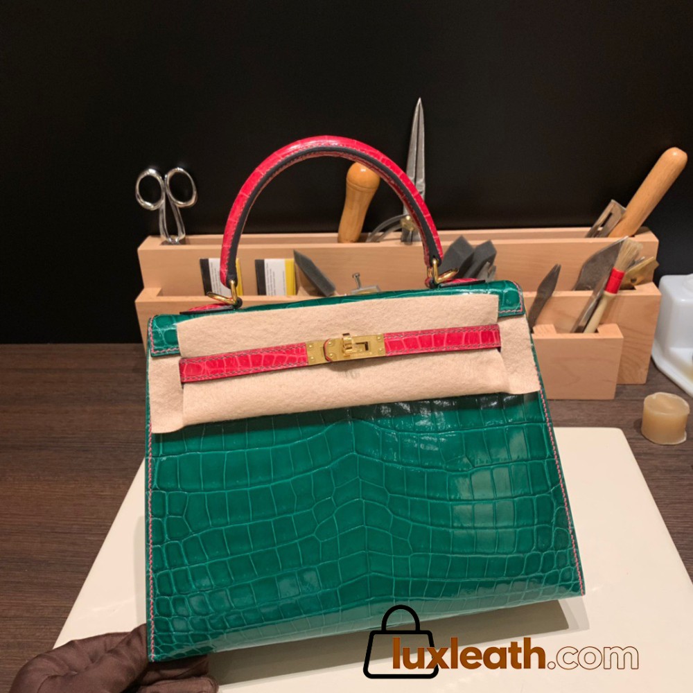 Hermes Kelly 25cm sellier Crocodile Niloticus 6Q/ Vert Emeraude & 5J Fuschia Gold Hardware Full Handmade 003