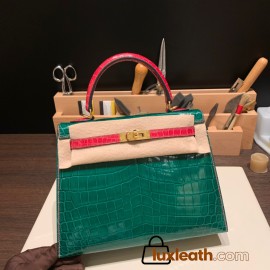 Hermes Kelly 25cm sellier Crocodile Niloticus 6Q/ Vert Emeraude & 5J Fuschia Gold Hardware Full Handmade 003