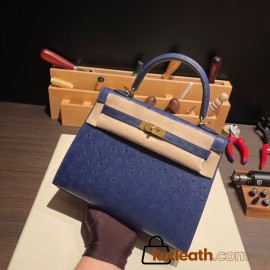 Hermes Kelly 25cm sellier Ostrich 73/ Blue Saphir Gold Hardware Full Handmade 008