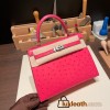 Hermes Kelly 25cm sellier Ostrich I6 /Rose Extreme Silver Hardware Full Handmade 009