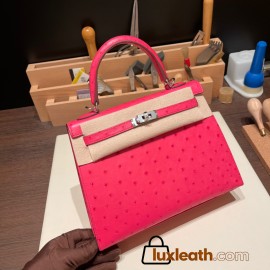 Hermes Kelly 25cm sellier Ostrich I6 /Rose Extreme Silver Hardware Full Handmade 009