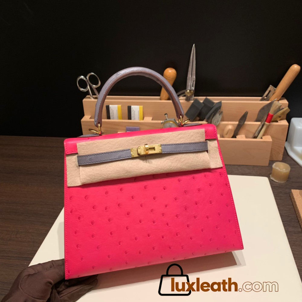 Hermes Kelly 25cm sellier Ostrich 82 /Gris Agate& 0D/Rose Mexico Gold Hardware Full Handmade 012