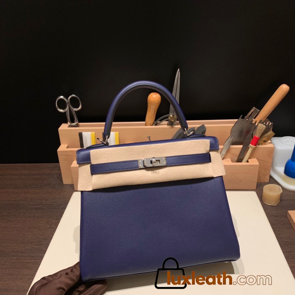 Hermes Kelly 25cm evercolor M3/ Blue Encre& Framboise Silver Hardware  Full Handmade 013