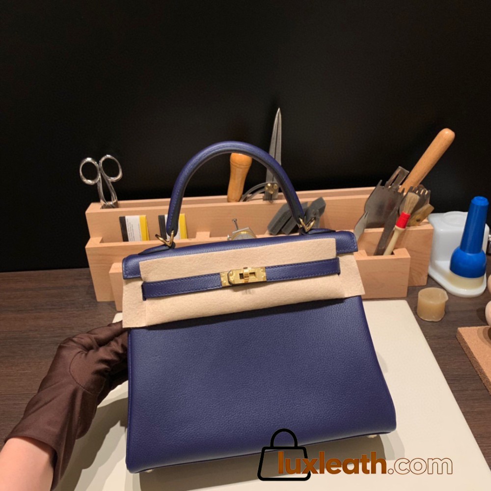 Hermes Kelly 25cm evercolor M3/Blue Encre& Framboise Gold Hardware Full Handmade 014