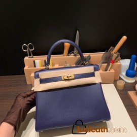 Hermes Kelly 25cm evercolor M3/Blue Encre& Framboise Gold Hardware Full Handmade 014