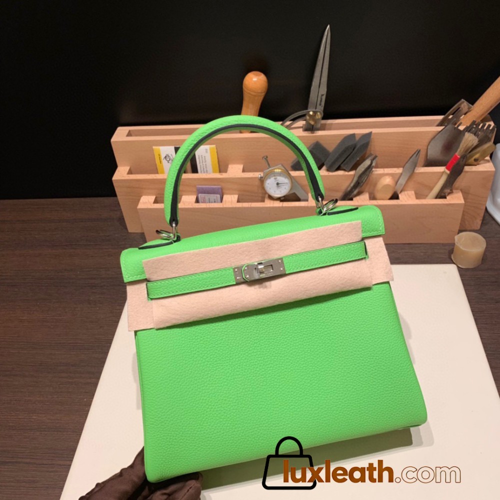 Hermes Kelly 25cm togo 6R/ Kiwi Silver Hardware Full Handmade 034