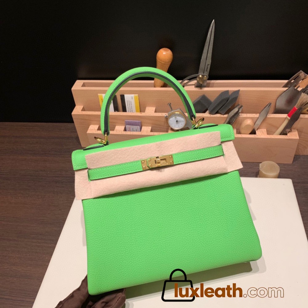 Hermes Kelly 25cm togo 6R/ Kiwi Gold Hardware Full Handmade 035