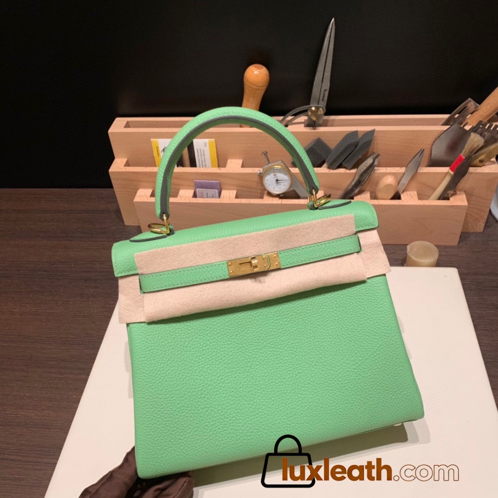 Hermes Kelly 25cm togo 3I/ Vert Criquet Gold Hardware Full Handmade 037
