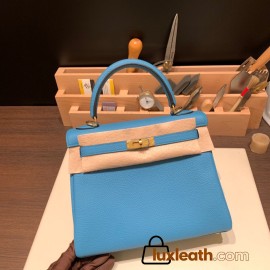 Hermes Kelly 25cm togo 7B /Turquoise Blue Gold Hardware Full Handmade 038