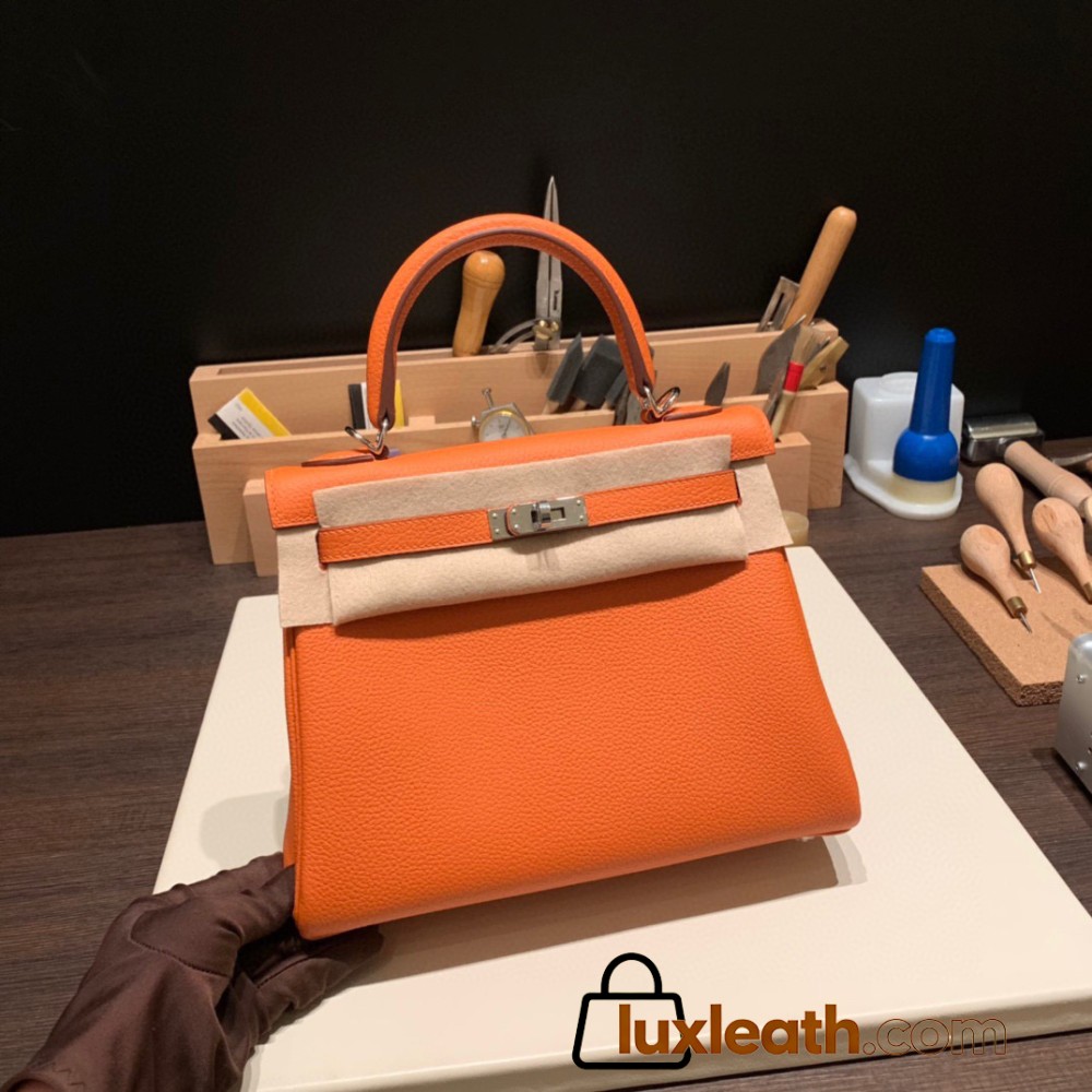 Hermes Kelly 25cm togo 93 /Orange Silver Hardware Full Handmade 041