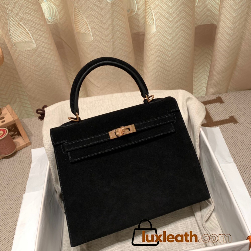 Hermes Kelly 25cm sellier chamois 89 /Black Rosegold Hardware Full Handmade 044