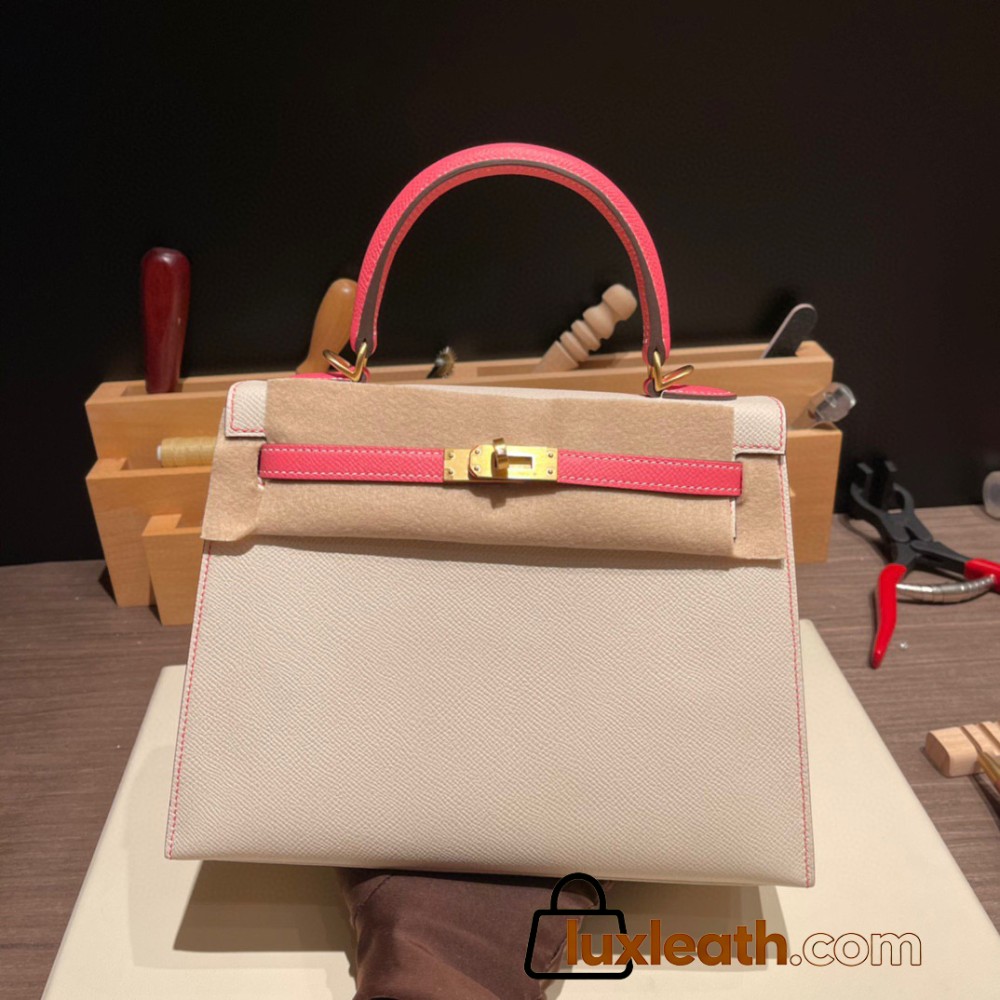 Hermes Kelly 25cm sellier swift 10 /Craie & 8W/ Rose Azalee Gold Hardware Full Handmade 050