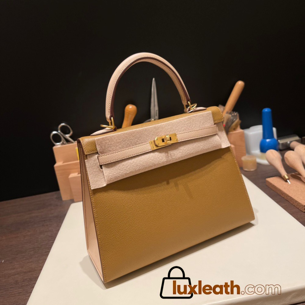 Hermes Kelly 25cm sellier Epsom touch U8 /Bronze Dore& P1/ Rose Eglantine Gold Hardware Full Handmade 055