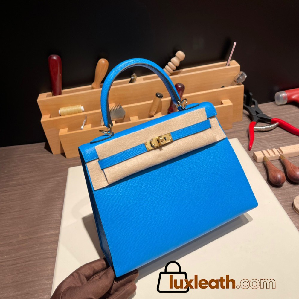 Hermes Kelly 25cm sellier Epsom 0F /Blue Frida Gold Hardware Full Handmade 077