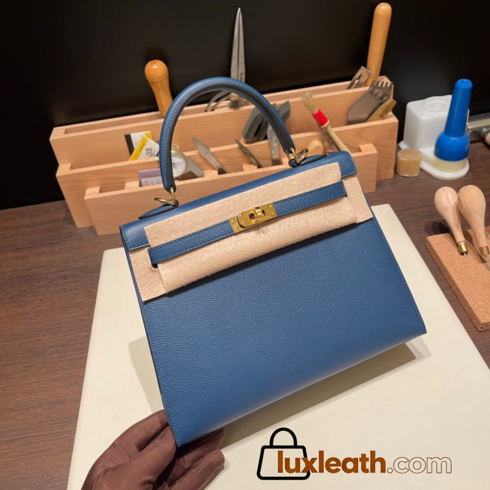 Hermes Kelly 25cm sellier Epsom S4 /Deep Blue Gold Hardware Full Handmade 082