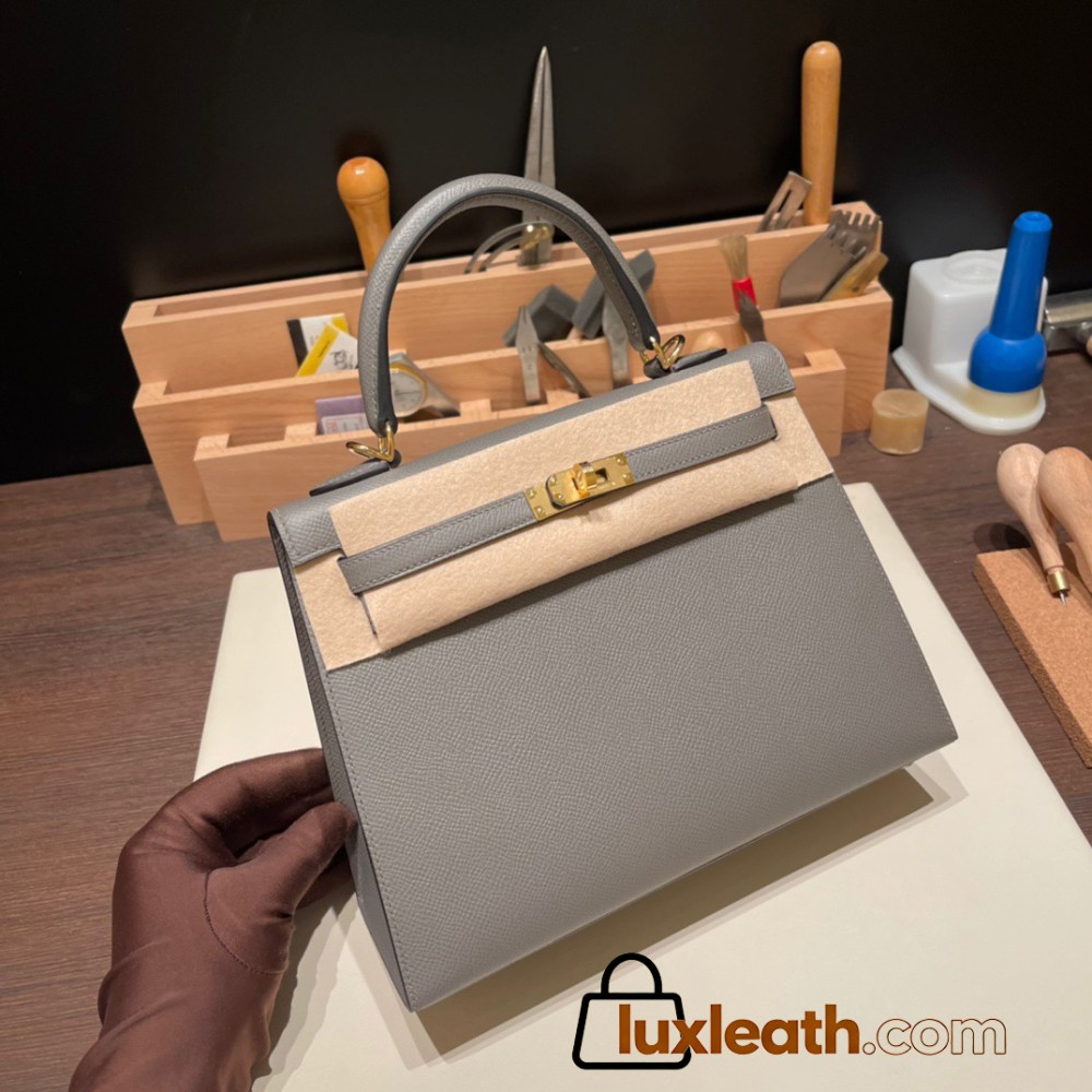 Hermes Kelly 25cm sellier Epsom 0L/ Gris Meyer Gold Hardware Full Handmade 094