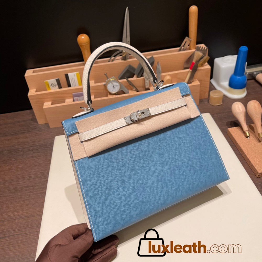 Hermes Kelly 25cm sellier Epsom 75/Blue Jean & 10 /Craie Silver Hardware Full Handmade 096