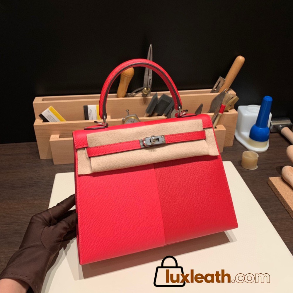 Hermes Kelly 25cm sellier Epsom S3/Rouge Cœur & I6 /Rose Extreme & B3 /Blue Zanzibar  112