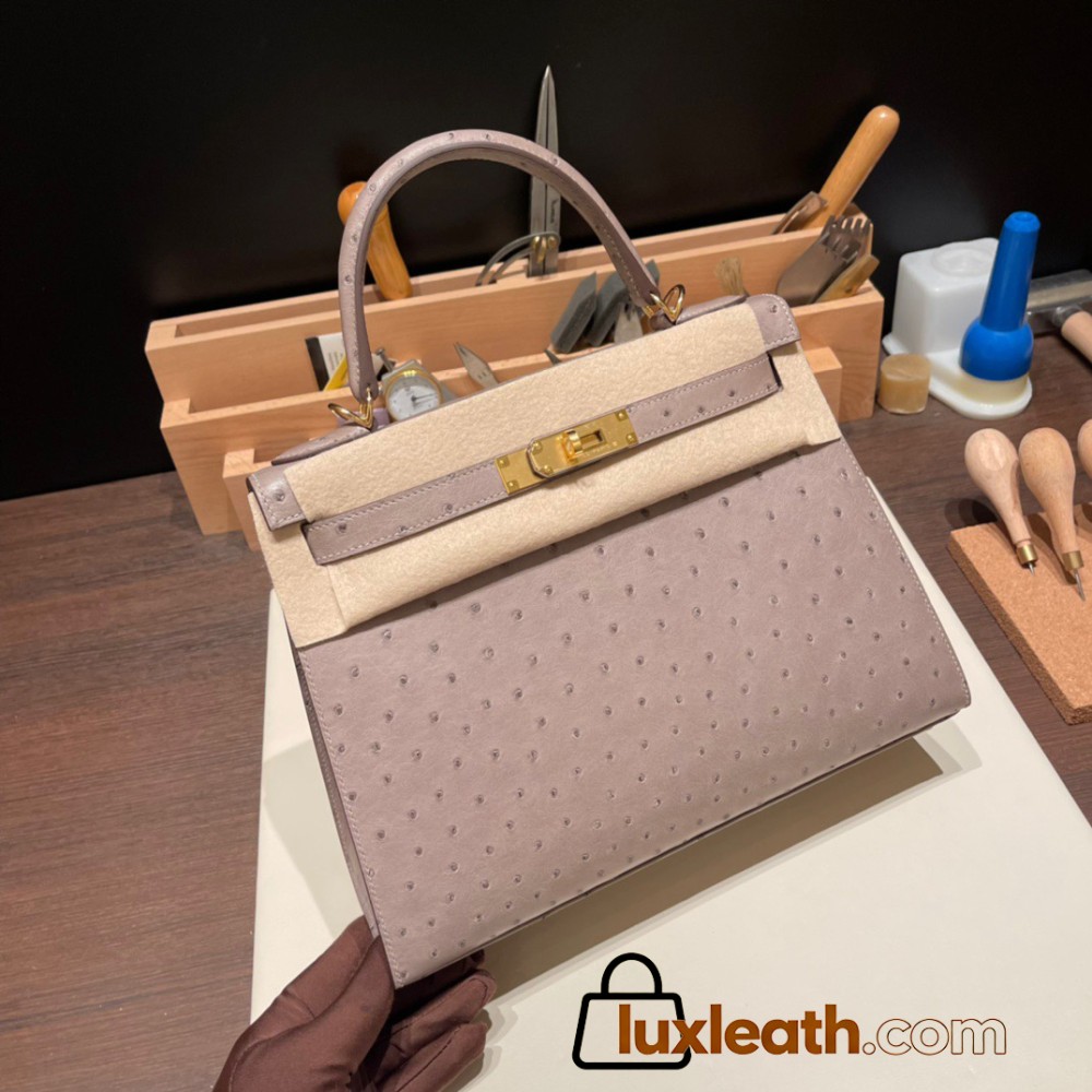 Hermes Kelly 28CM Ostrich M8/ Gris Asphalt GoldHardware    FullHandmade 006