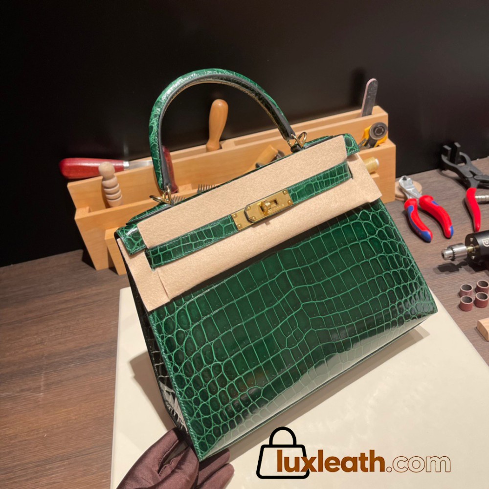 Hermes Kelly 28CM Shiny Crocodile 67 /Vert Fonce GoldHardware    FullHandmade 009