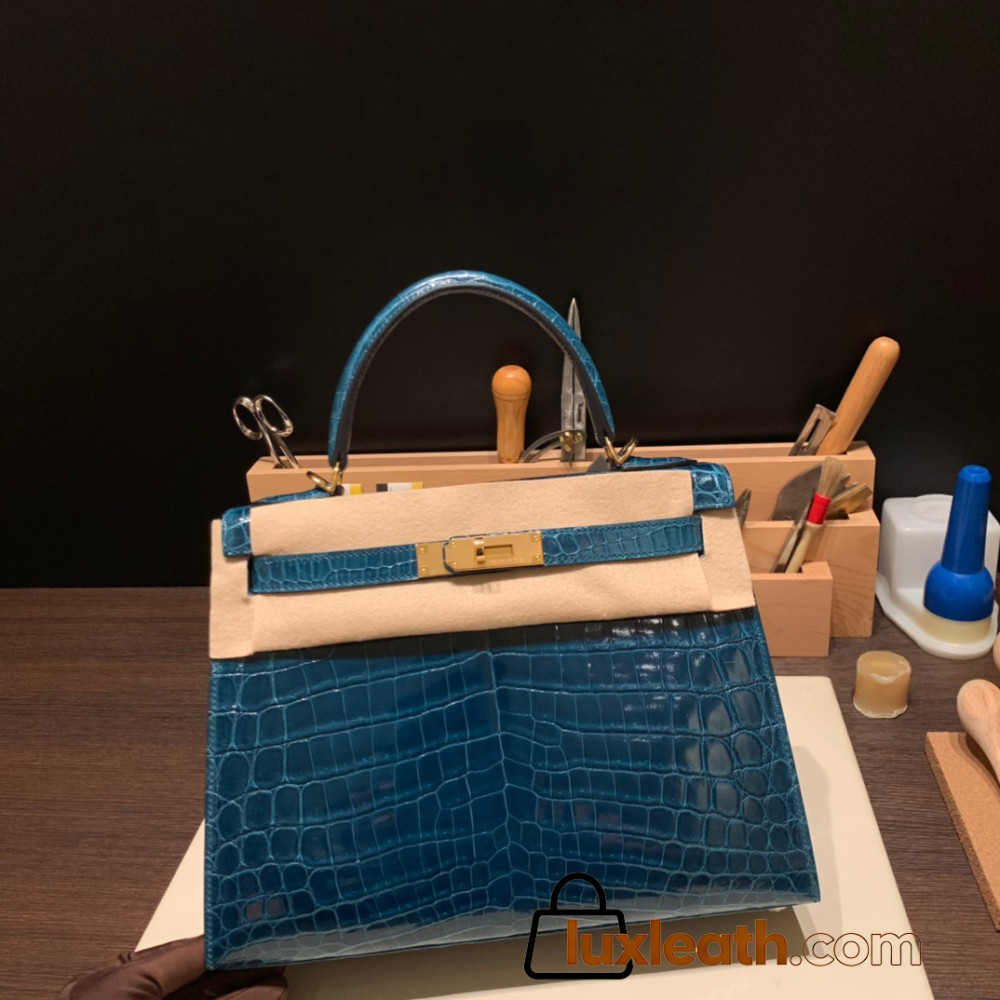Hermes Kelly 28CM Crocodile Niloticus W0 /Vert Bosphore GoldHardware    FullHandmade 010