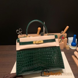 Hermes Kelly 28CM Crocodile Niloticus W0 /Vert Bosphore GoldHardware    FullHandmade 011