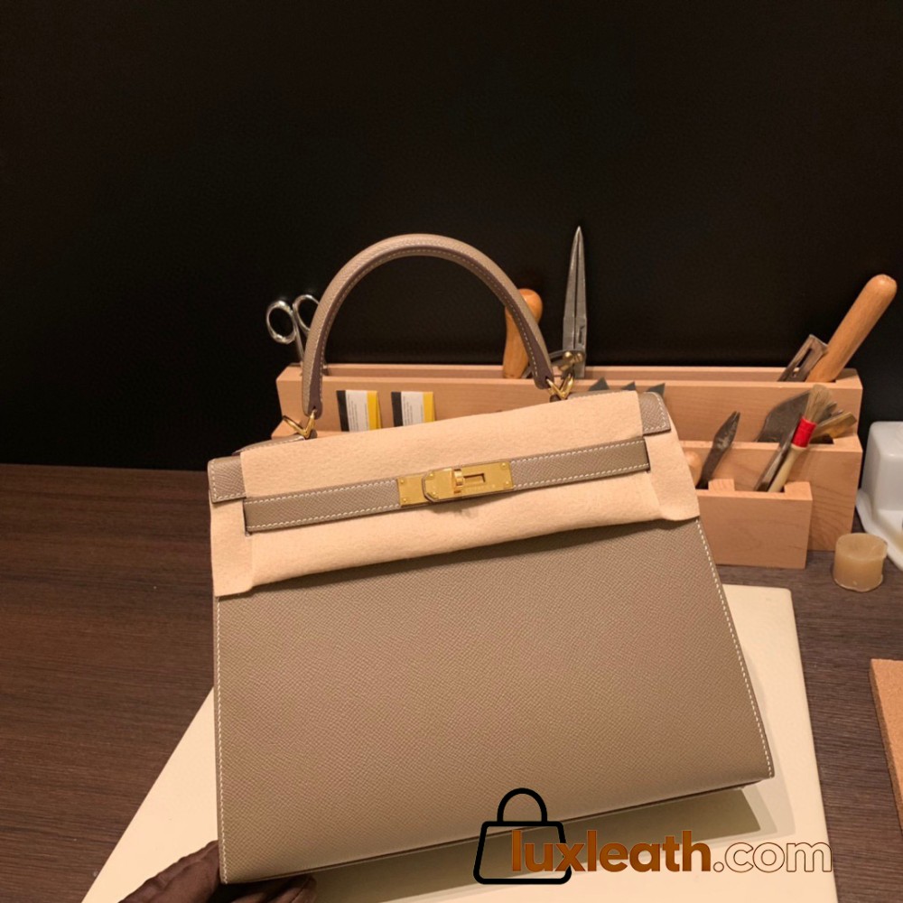 Hermes Kelly 28CM Epsom 18 /Étoupe Grey GoldHardware  FullHandmade 028