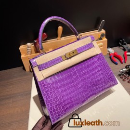 Hermes Kelly 28CM Porosus Crocodile 96 / Violet GoldHardware 033