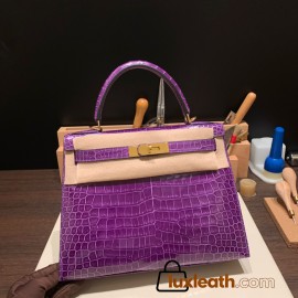 Hermes Kelly 28CM Porosus Crocodile 96 / Violet GoldHardware 034